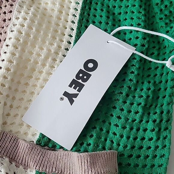 $110 NEW OBEY REVOLVE 60s GREEN TAN WHITE CARDIGAN SWEATER s small NWT - Picture 7 of 9